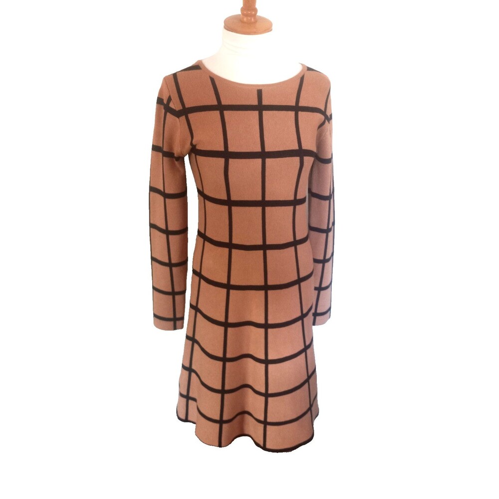 COCOBLEU Classic Windowpane Check Tan/Black Knit  Long Sleeve Dress Size Small